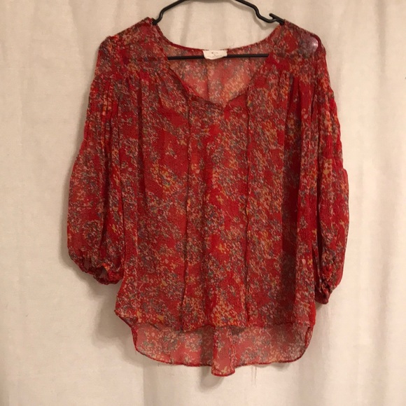 Pins and Needles Red Floral Sheer Boho Peasant Top - Picture 2 of 4